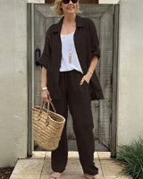 Yasmine™ Baumwoll-Leinen-Set mit Button-down-Hemd und verstellbaren Ärmeln in Schwarz