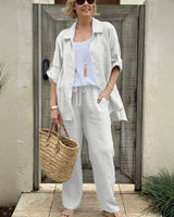 Yasmine™ Baumwoll-Leinen-Set mit Button-down-Hemd und verstellbaren Ärmeln in Weiß