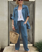 Yasmine™ Baumwoll-Leinen-Set mit Button-down-Hemd und verstellbaren Ärmeln in Navyblau