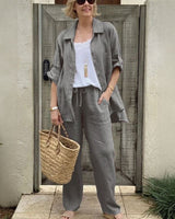 Yasmine™ Baumwoll-Leinen-Set mit Button-down-Hemd und verstellbaren Ärmeln in Grau