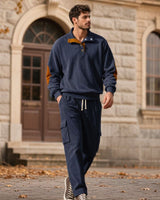 Lars™ Premium-Set aus strukturierter Strickware mit knöpfbarem Stehkragen-Oberteil in Blau