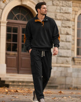 Lars™ Premium-Set aus strukturierter Strickware mit knöpfbarem Stehkragen-Oberteil in Schwarz