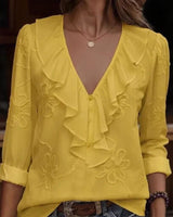Anneliese™ Bluse mit V-Ausschnitt, Frontvolants und floraler Stickerei in Gelb