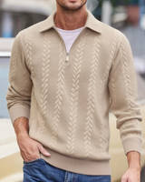 Carlisle™-Pullover aus Hochwertigem Zopfmuster-Strick mit Polokragen und Metallreißverschluss in Khaki