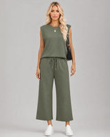 Aya™ Set Tanktop mit markanter Schulterpartie und Cropped Hose mit Kordelzug in Grün