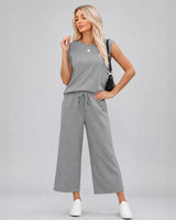 Aya™ Set Tanktop mit markanter Schulterpartie und Cropped Hose mit Kordelzug in Khaki