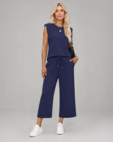 Aya™ Set Tanktop mit markanter Schulterpartie und Cropped Hose mit Kordelzug in Dunkelblau
