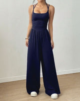 Bela™ Langer Jumpsuit mit weitem Bein, Doppelträgern und offenem Rücken in Blau