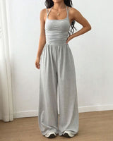 Bela™ Langer Jumpsuit mit weitem Bein, Doppelträgern und offenem Rücken in Grau