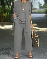 Jade™ Minimalistisches 3-Teiliges Set mit Palazzo-Hose und Langem Cardigan in Grau
