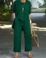 Jade™ Minimalistisches 3-Teiliges Set mit Palazzo-Hose und Langem Cardigan in Grün