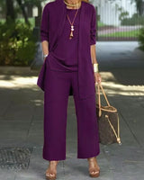 Jade™ Minimalistisches 3-Teiliges Set mit Palazzo-Hose und Langem Cardigan in Lila