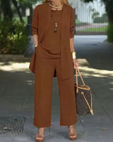 Jade™ Minimalistisches 3-Teiliges Set mit Palazzo-Hose und Langem Cardigan in Braun