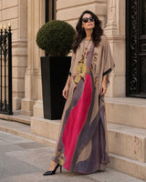 Florenza Kleid & Sheer Overlay Set / Mühelose, vielseitige Eleganz für alle Jahreszeiten! in Khaki mit Rosa + Lila