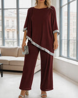 Lola™ Set Oversize-Bluse mit kontrastierendem silbernen Detail und Palazzohose in Bordeaux