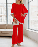 Lola™ Set Oversize-Bluse mit kontrastierendem silbernen Detail und Palazzohose in Rot