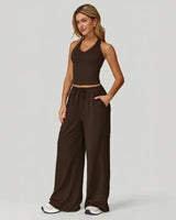 Lunary™ Set Mit Minimalistischem Top und Fließender Pantalonhose in Braun