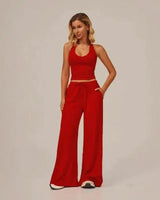 Lunary™ Set Mit Minimalistischem Top und Fließender Pantalonhose in Rot