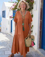 Zinnia | Kurzärmliges gestuftes blaues Maxikleid in Orange