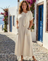 Elowyn | Damen Rundhals Maxikleid Kurze Ärmel – Casual Maxi Kurzarm in Beige