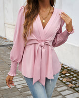 Top Damen V Ausschnitt und Taillenbindegürtel mit Puffärmeln in Rosa
