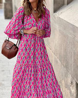Rosa | Damen Boho Maxi-Kleid Puffärmel V-Ausschnitt Muster in Fuchsia
