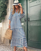 Rosa | Damen Boho Maxi-Kleid Puffärmel V-Ausschnitt Muster in Blau