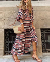 Rosa | Damen Boho Maxi-Kleid Puffärmel V-Ausschnitt Muster in Gestreift