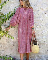 Rosa | Damen Boho Maxi-Kleid Puffärmel V-Ausschnitt Muster in Rosa