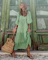 Rosa | Damen Boho Maxi-Kleid Puffärmel V-Ausschnitt Muster in Hellgrün