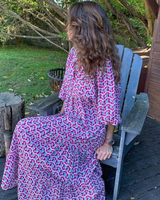 Rosa | Damen Boho Maxi-Kleid Puffärmel V-Ausschnitt Muster in Lila Blau