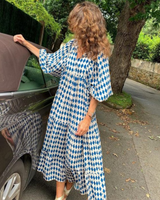 Rosa | Damen Boho Maxi-Kleid Puffärmel V-Ausschnitt Muster in Himmelblau