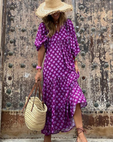 Rosa | Damen Boho Maxi-Kleid Puffärmel V-Ausschnitt Muster in Lila
