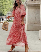 Rosa | Damen Boho Maxi-Kleid Puffärmel V-Ausschnitt Muster in Rot