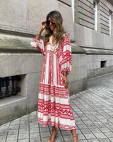 Rosa | Damen Boho Maxi-Kleid Puffärmel V-Ausschnitt Muster in Bordeaux