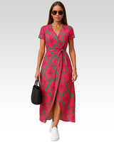 Eva | Stilvolles V-Ausschnitt-Kleid in Rosa und Grün
