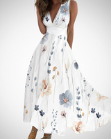 Via | Damen Maxi-Kleid Blumenprint V-Ausschnitt Ärmellos in Blumig-weiß