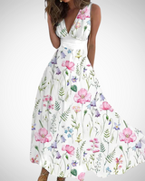 Via | Damen Maxi-Kleid Blumenprint V-Ausschnitt Ärmellos in Weiß Rosa