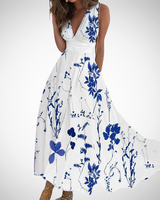 Via | Damen Maxi-Kleid Blumenprint V-Ausschnitt Ärmellos in Blau-Weiß
