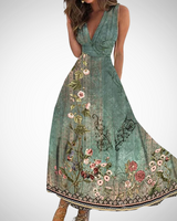 Via | Damen Maxi-Kleid Blumenprint V-Ausschnitt Ärmellos in Blau Grün
