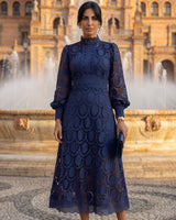 Maelle - Elegantes Langarm Kleid Aus Spitze in Dunkelblau