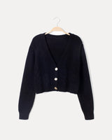 Christa | Damen Zopfmuster-Strickjacke mit V-Ausschnitt und Knöpfen in Schwarz