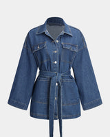 Damen Geknöpft mit Gürtel Lang Jeansjacke in Denim Blau