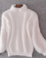 Emilia | Damen Weicher Flauschiger Winterpullover mit hohem Kragen in Weiß