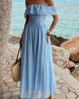 Damen Off Shoulder Corset langes Kleid mit Rüschen in Blau