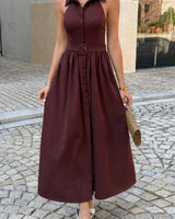 Damen ärmelloses A Linie Midikleid mit Kragen und Gürtel in Braun