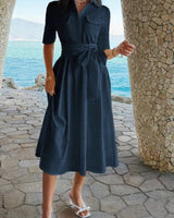 Damen A Linie Kleid mit Taschen und Umlegekragen in Marine