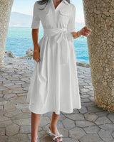 Damen A Linie Kleid mit Taschen und Umlegekragen in Weiß