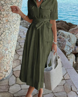 Damen A Linie Kleid mit Taschen und Umlegekragen in Oliv