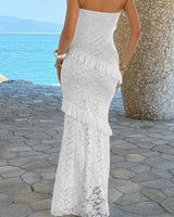 Damen Off Shoulder Bodycon Maxikleid mit Spitze in Weiß